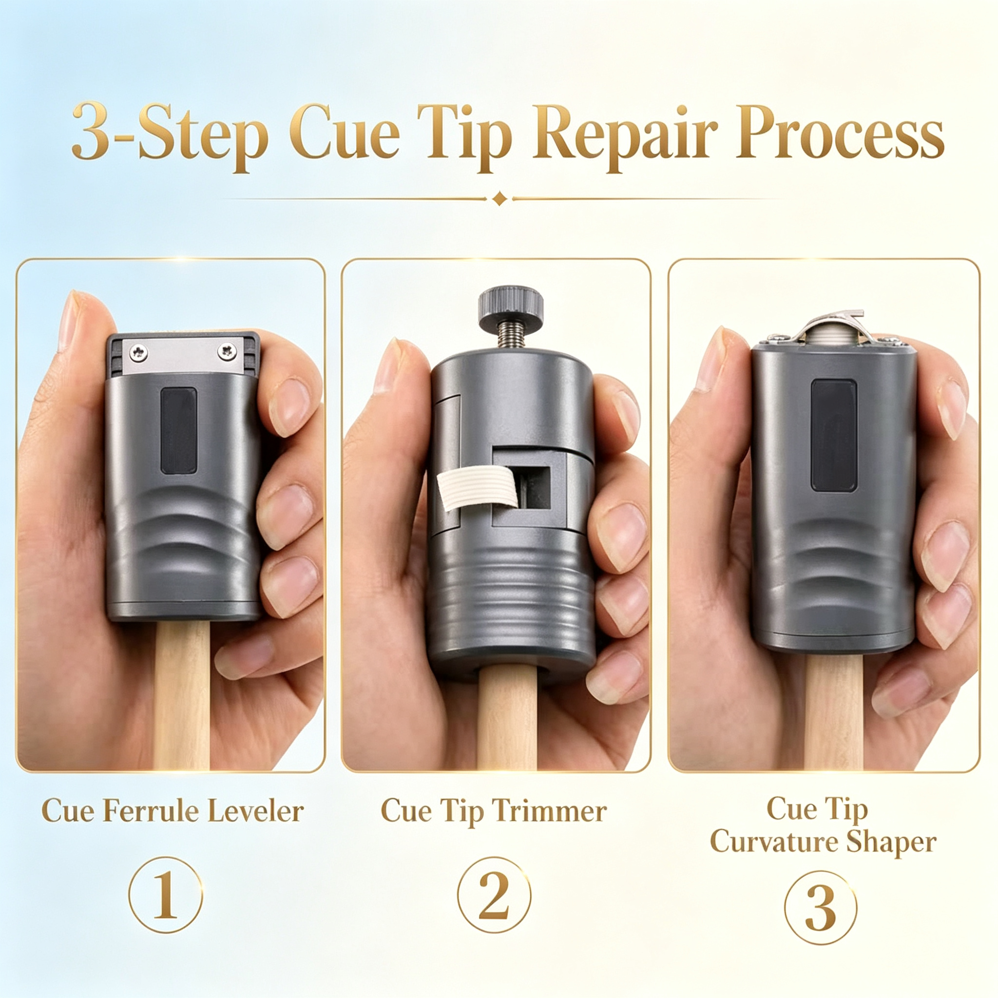 Three-piece professional billiard cue head repair tool set