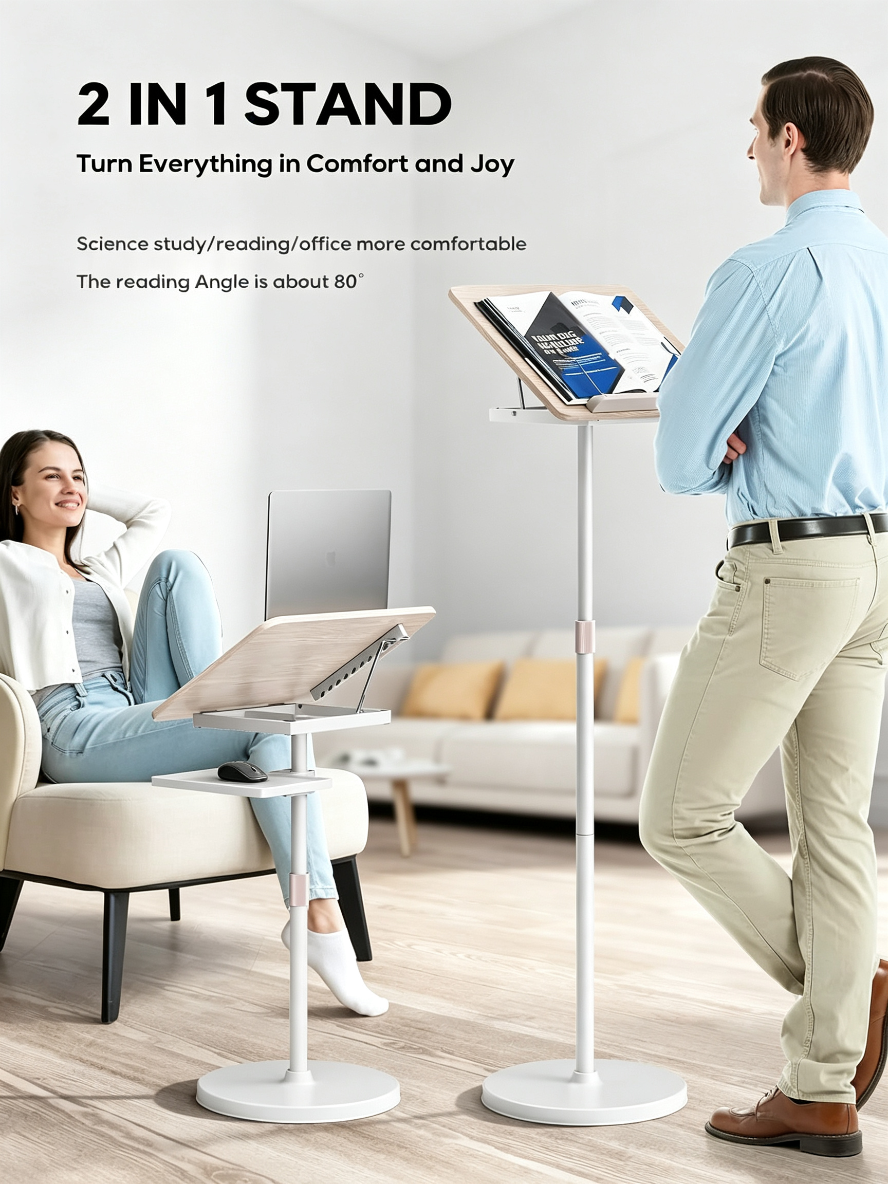 Adjustable Book Stand with Floor & Desktop Modes, Height Adjustment & Multi-Purpose Reading Support