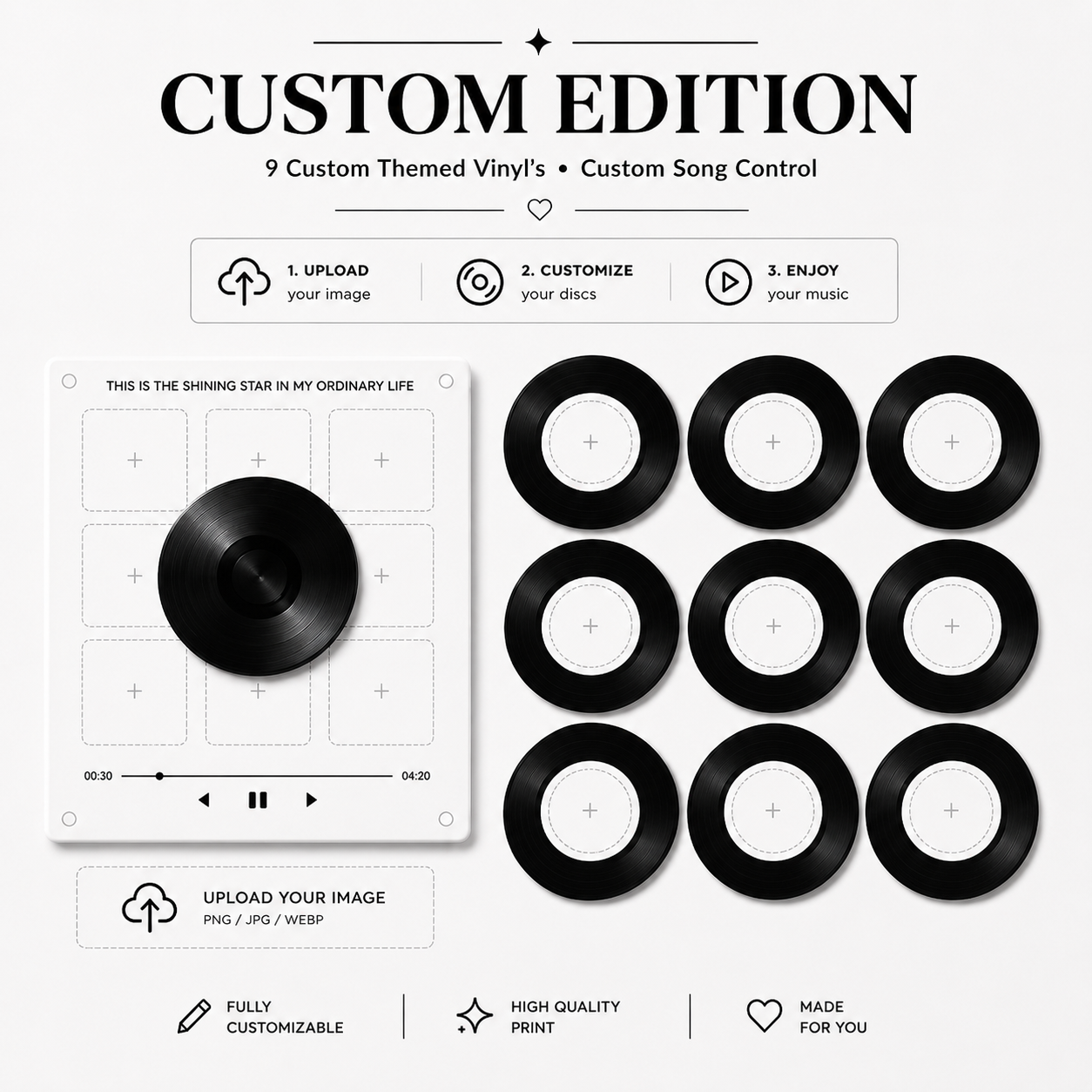 Personalized Vinyl-Style Music Player | 9 Customizable NFC Discs with USB Import