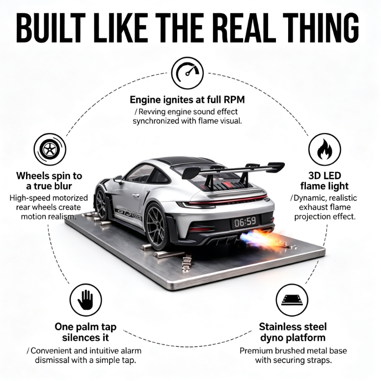 Supercar Engine-Sound Alarm Clock | 1:24 Scale Model with Spinning Wheels & LED Exhaust Flame