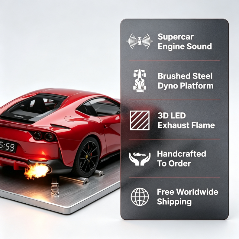 Supercar Engine-Sound Alarm Clock | 1:24 Scale Model with Spinning Wheels & LED Exhaust Flame