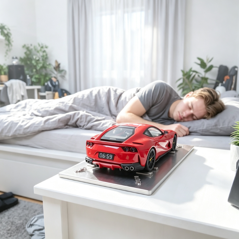 Supercar Engine-Sound Alarm Clock | 1:24 Scale Model with Spinning Wheels & LED Exhaust Flame