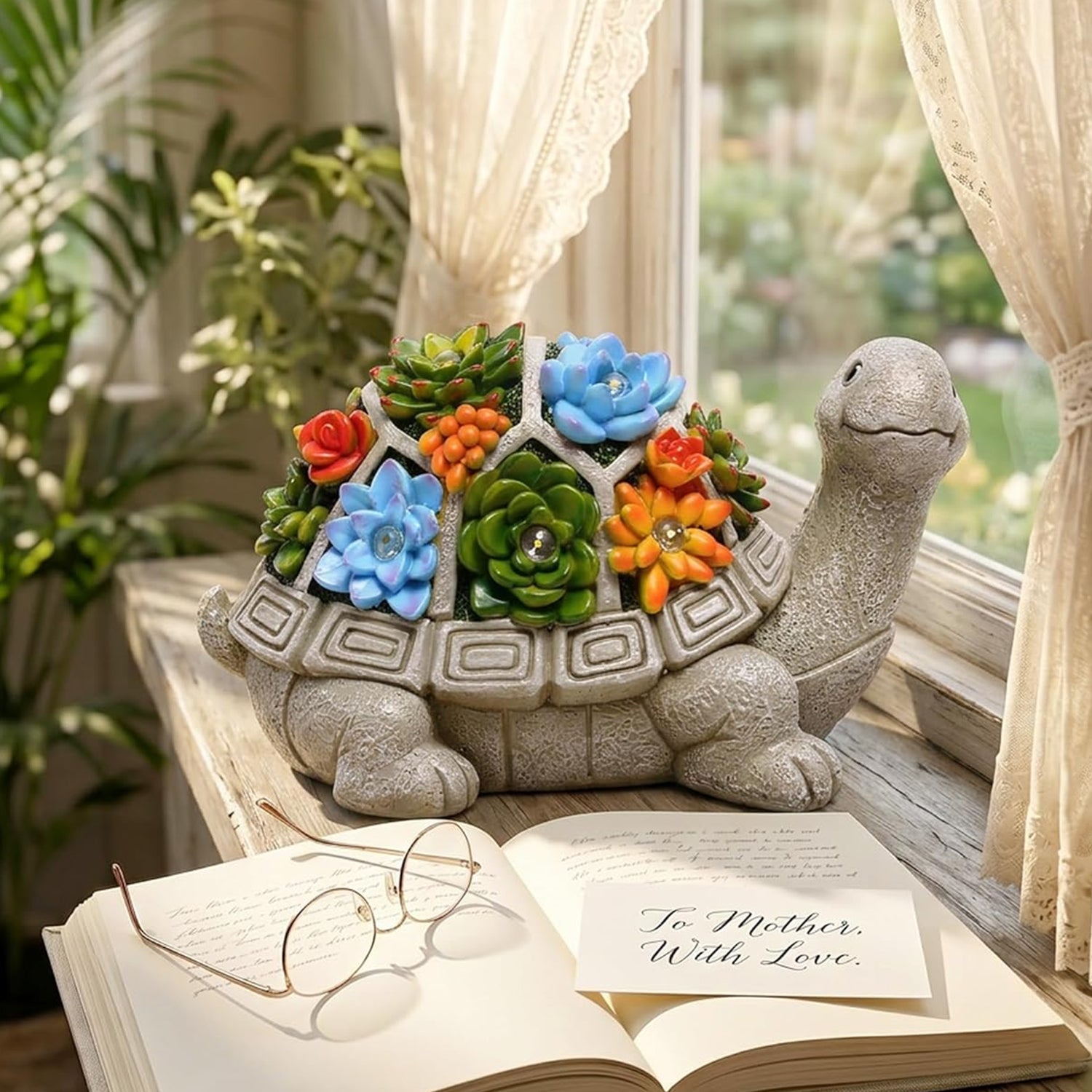 Solar-Powered Outdoor Garden Statue with Succulents and 7 LED Lights