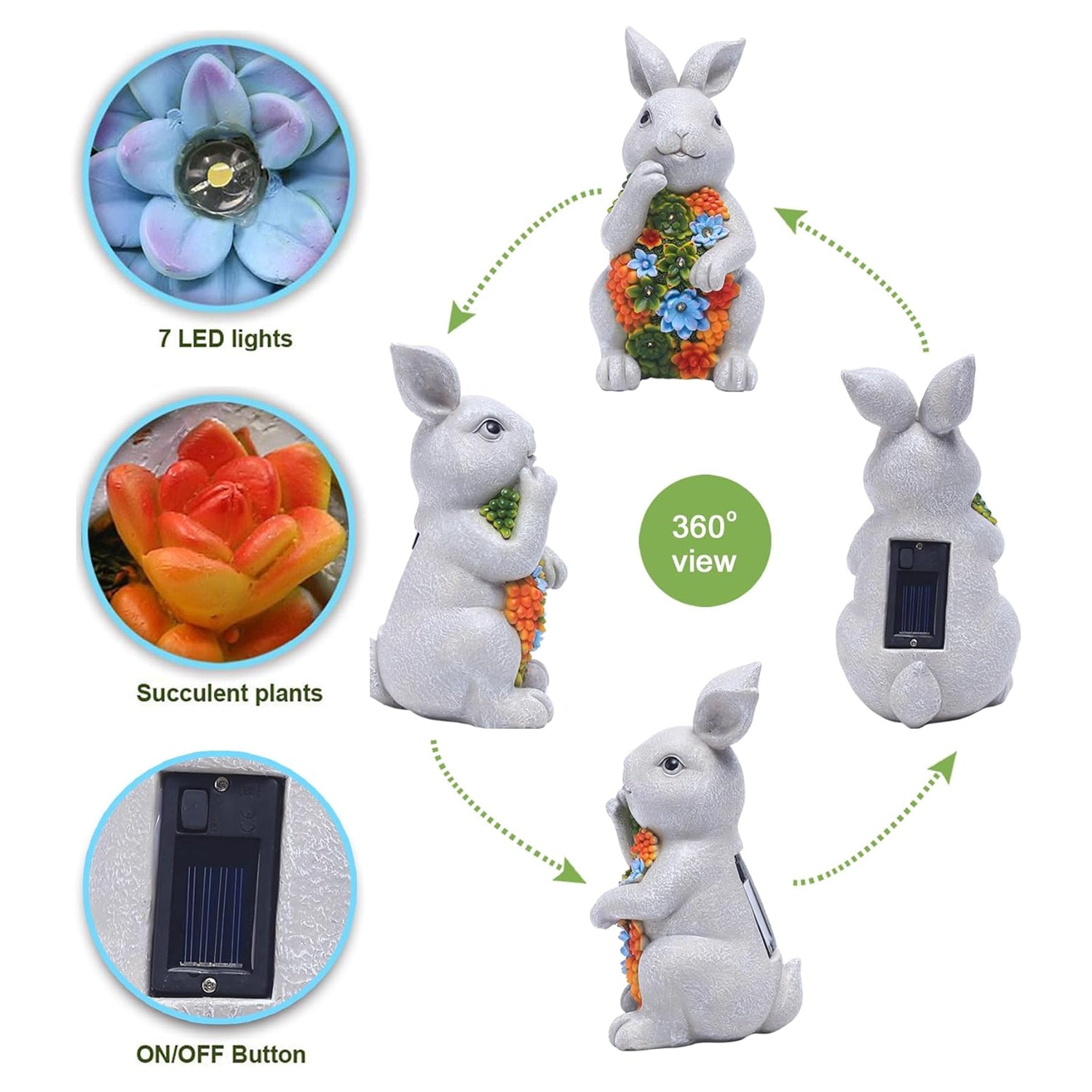Solar-Powered Outdoor Garden Statue with Succulents and 7 LED Lights