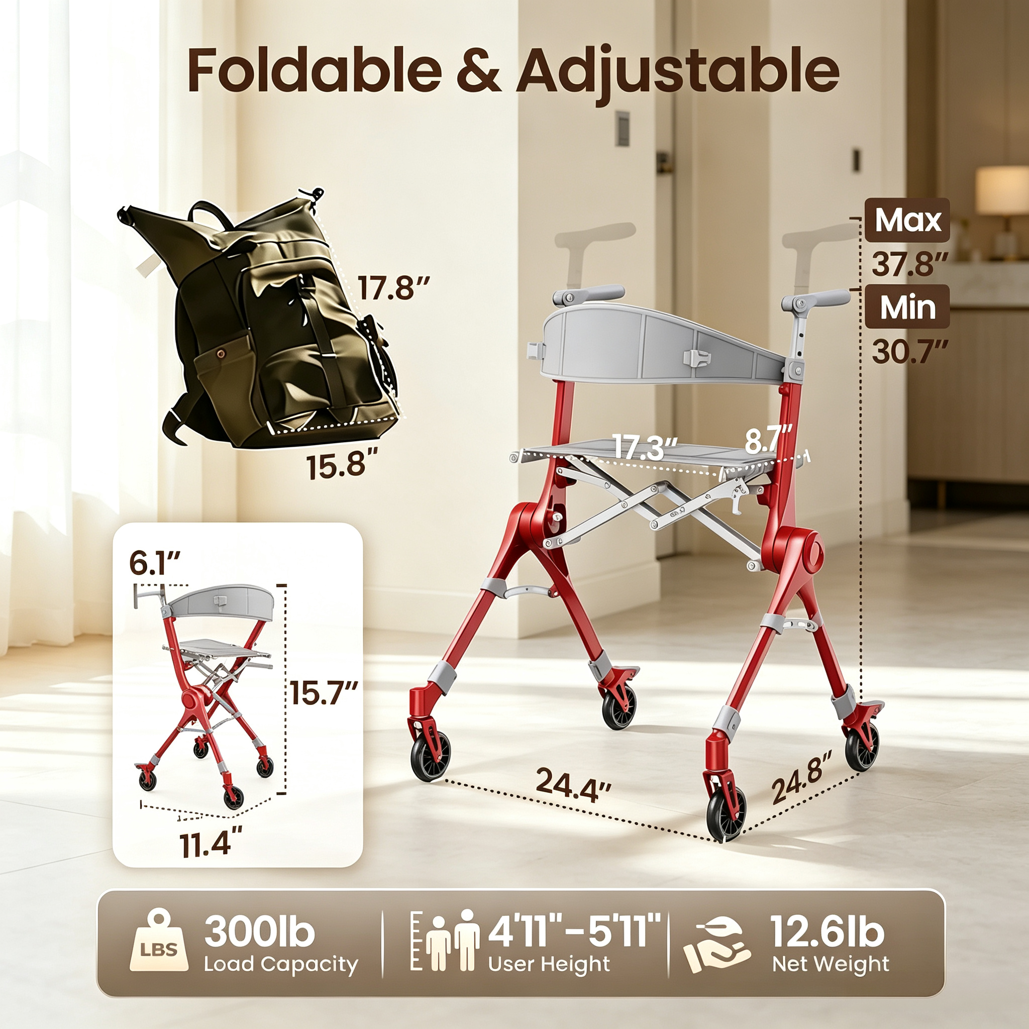Ultra-Light Folding Travel Rollator Walker-Compact Mobility Support for Everyday Freedom
