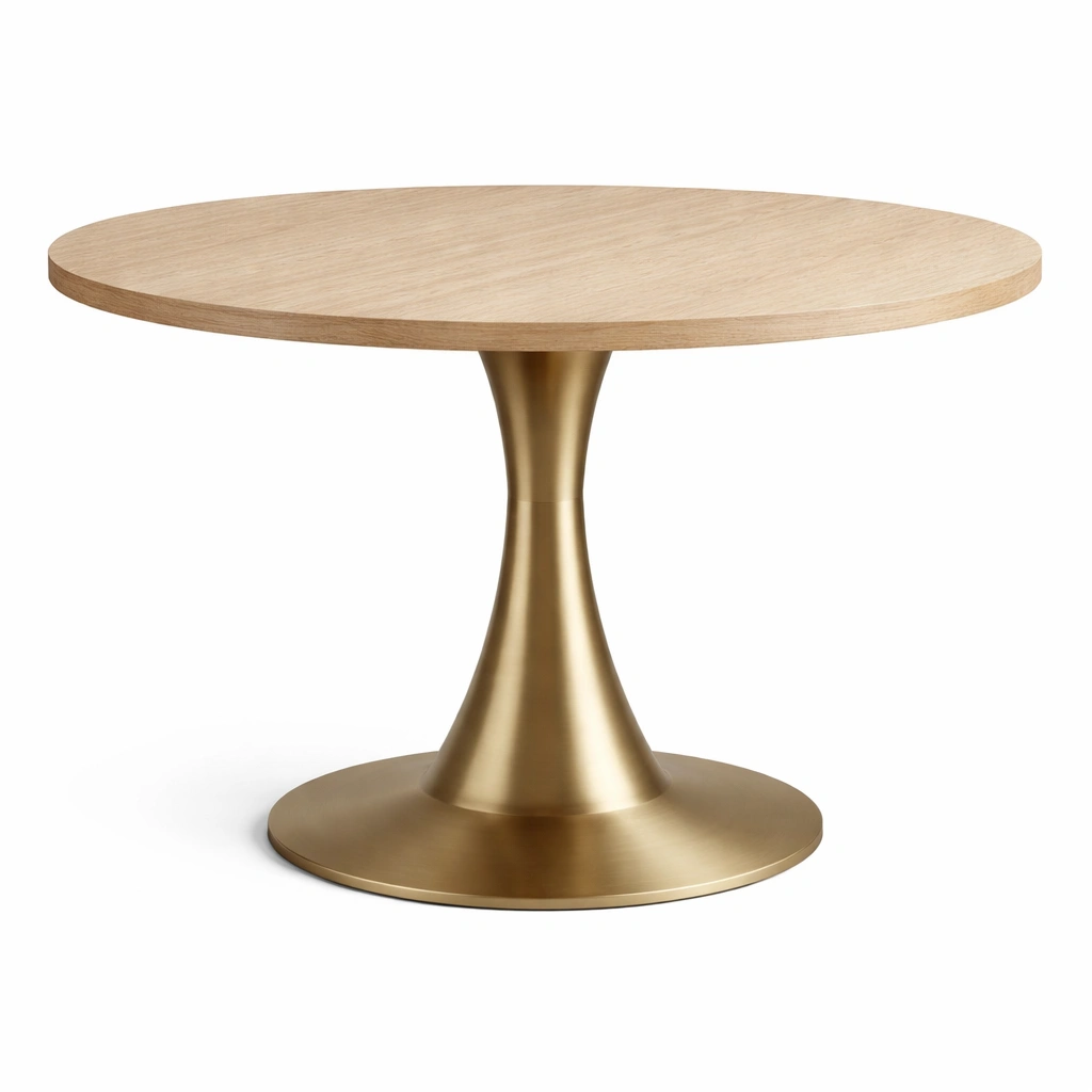 Mesa redonda de madera de roble y base metálica dorada-Furniloungez