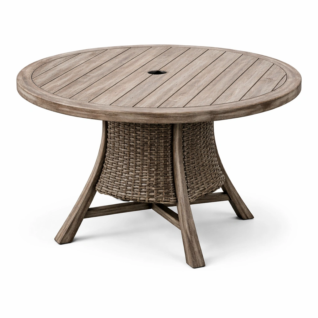 Mesa de comedor exterior redonda de madera y ratán sintético-Furniloungez