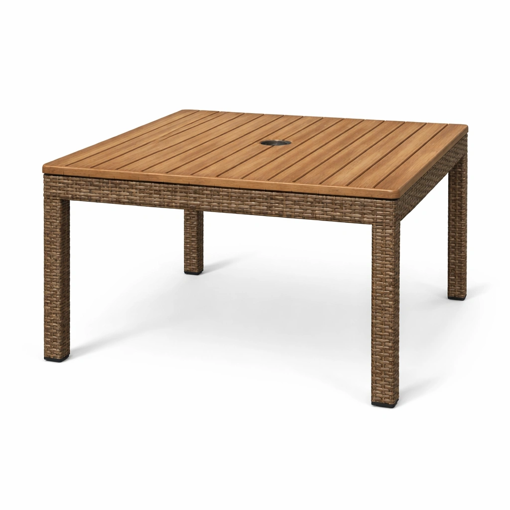Mesa de comedor exterior cuadrada de madera y ratán con agujero para sombrilla-Furniloungez