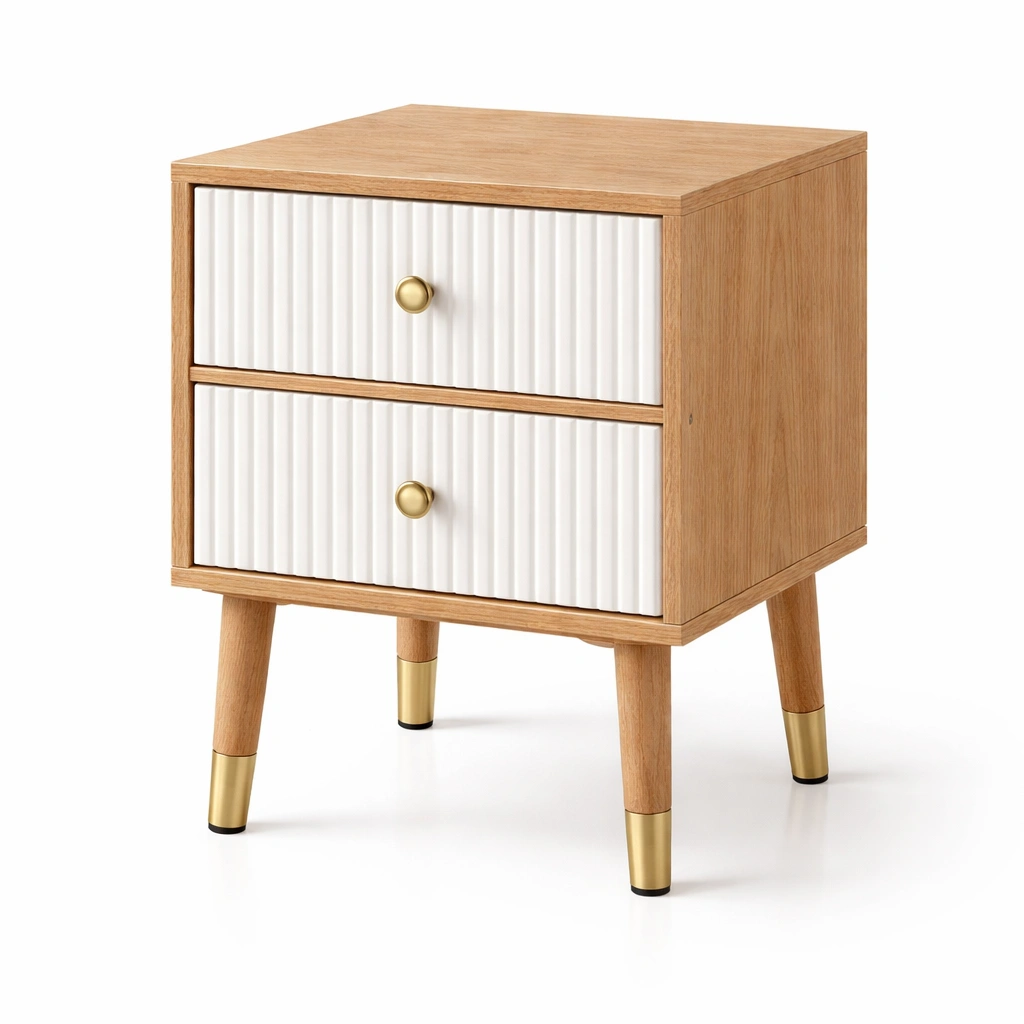 Mesita de noche de madera y MDF con detalles metálicos-Furniloungez