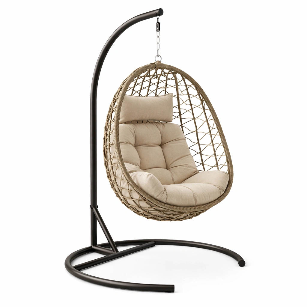 Silla colgante de ratán sintético con cojín y soporte de acero-Furniloungez