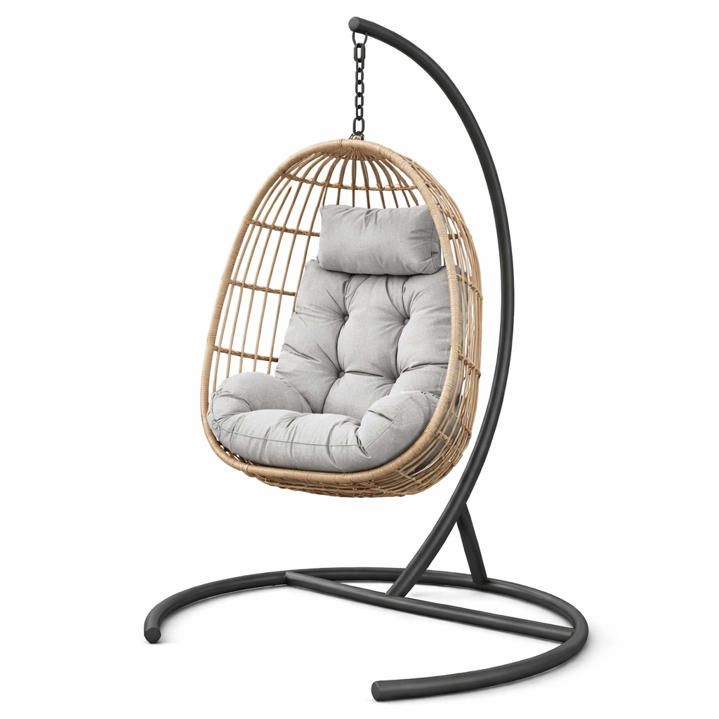 Silla colgante de ratán sintético con cojín gris y estructura de acero-Furniloungez