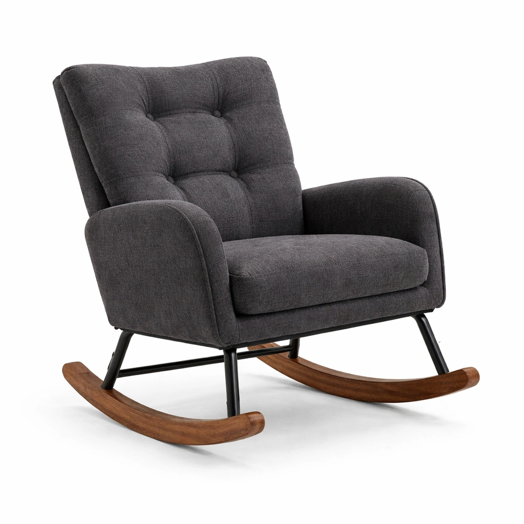 Silla mecedora de tela con estructura metálica y madera gris oscuro 75x85x95 cm-Furniloungez