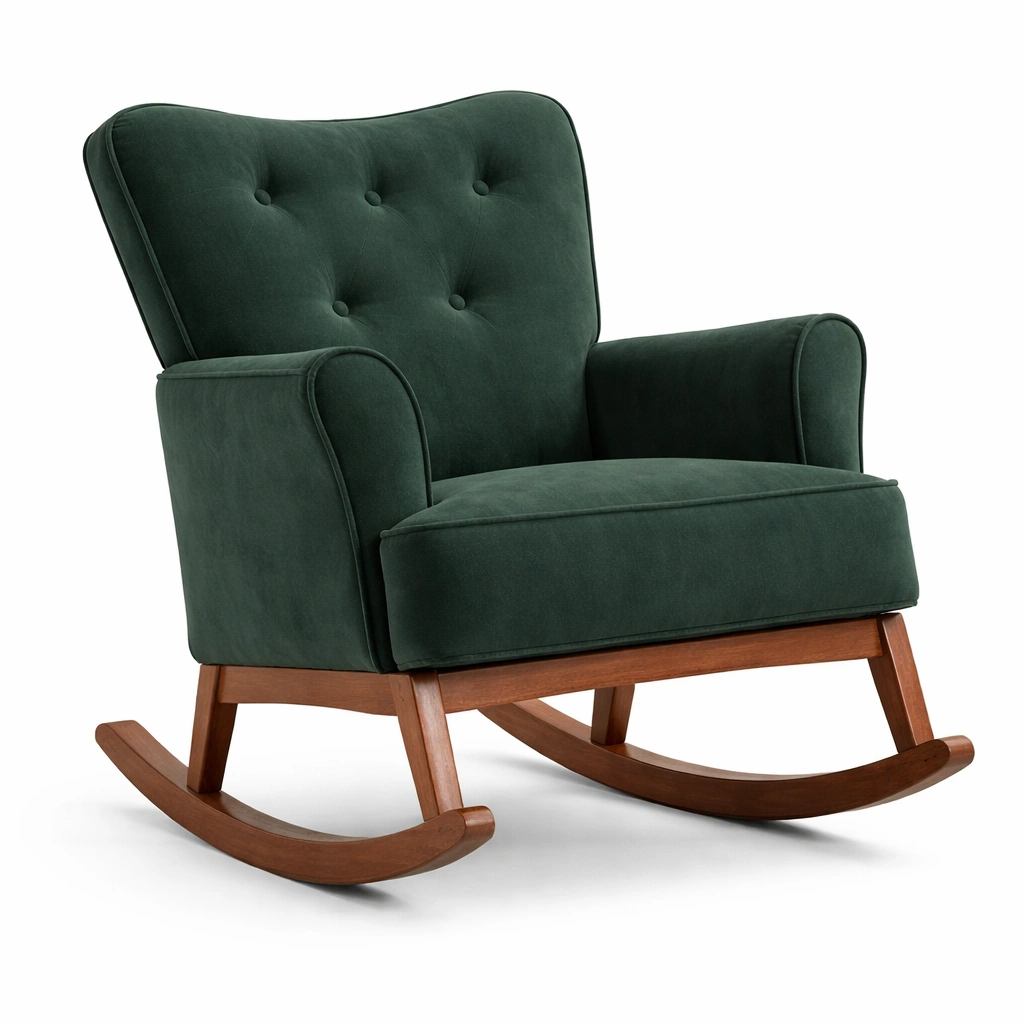 Silla mecedora de terciopelo verde oscuro con base de madera maciza-Furniloungez