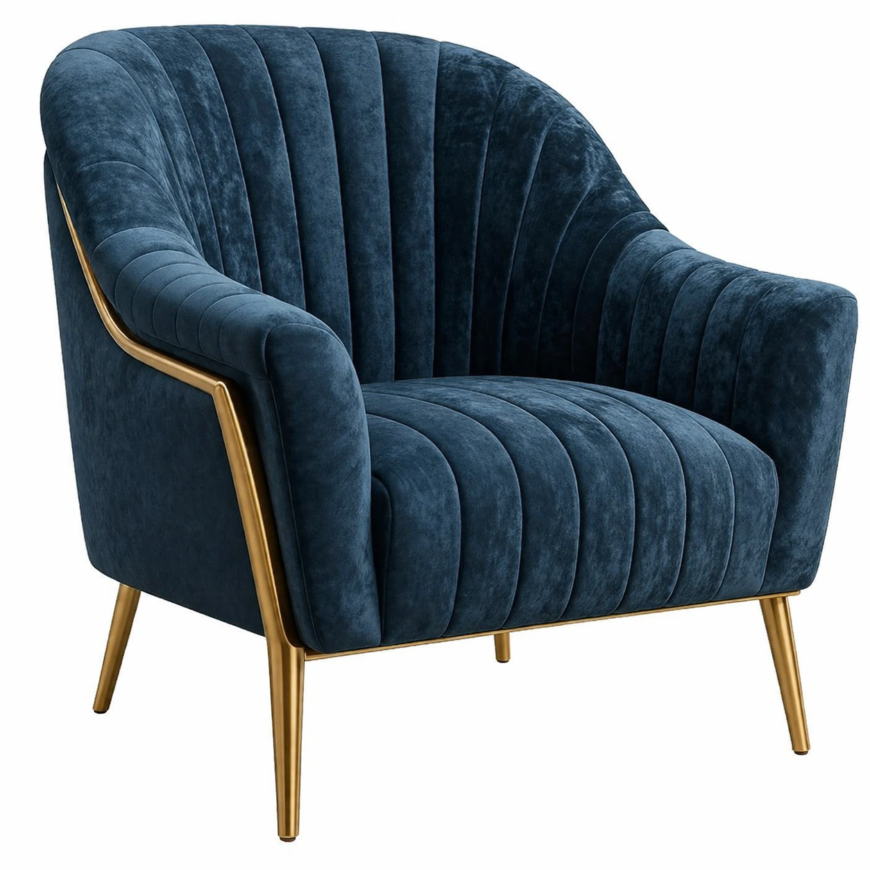 Sillón de terciopelo azul marino con patas metálicas doradas-Furniloungez