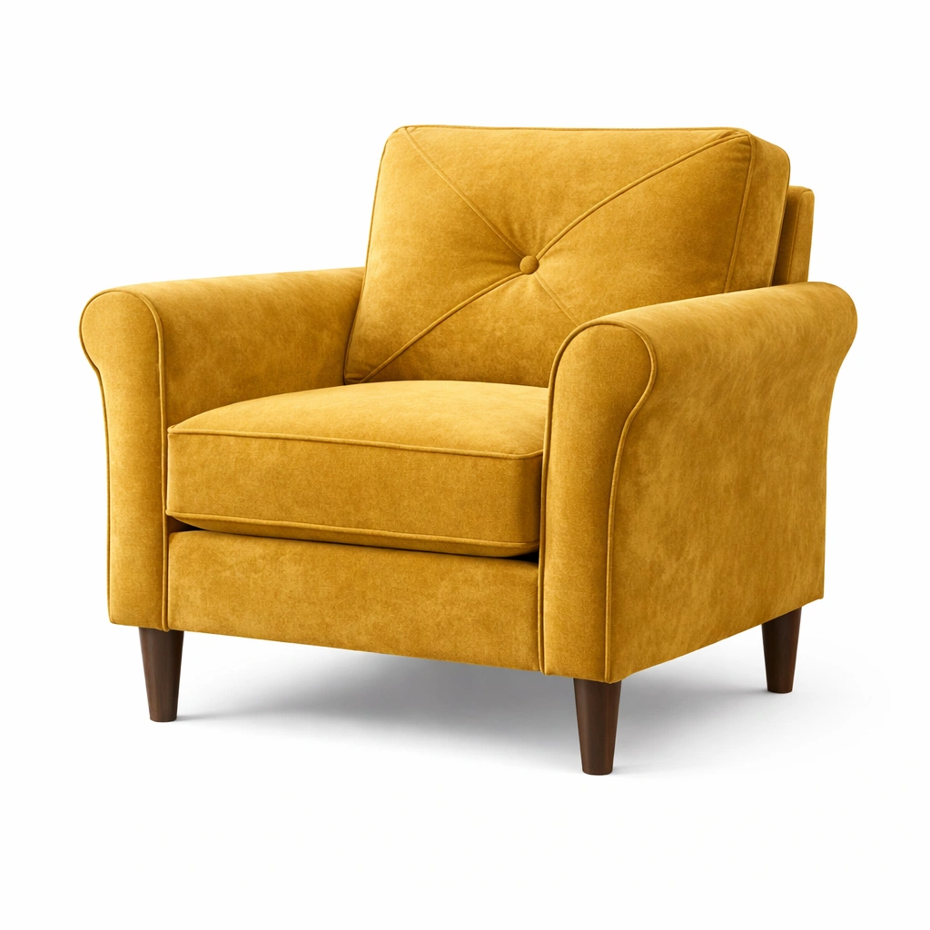 Sillón de tela mostaza con patas de madera-Furniloungez