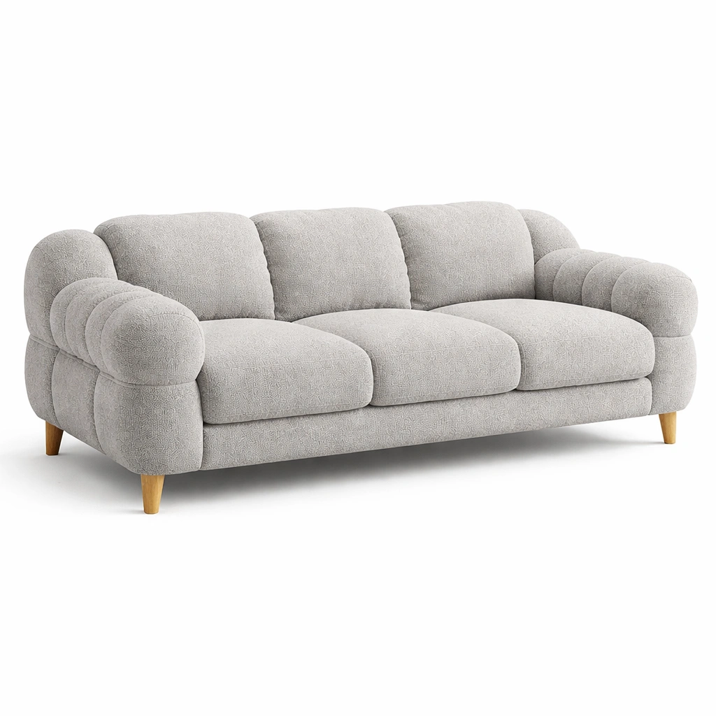 Sofá de tres plazas de tela gris claro con patas de madera-Furniloungez