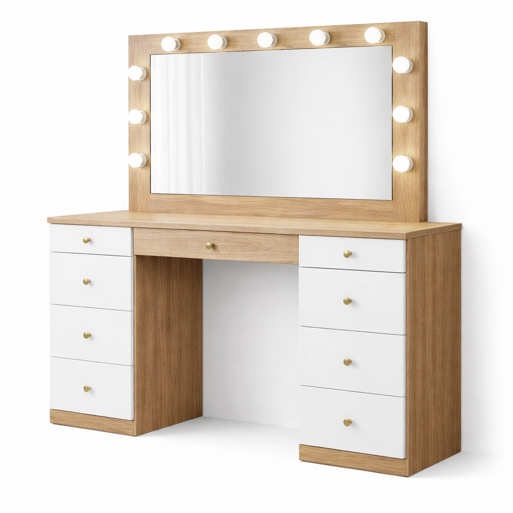 Tocador de madera con espejo y luces LED blanco-Furniloungez