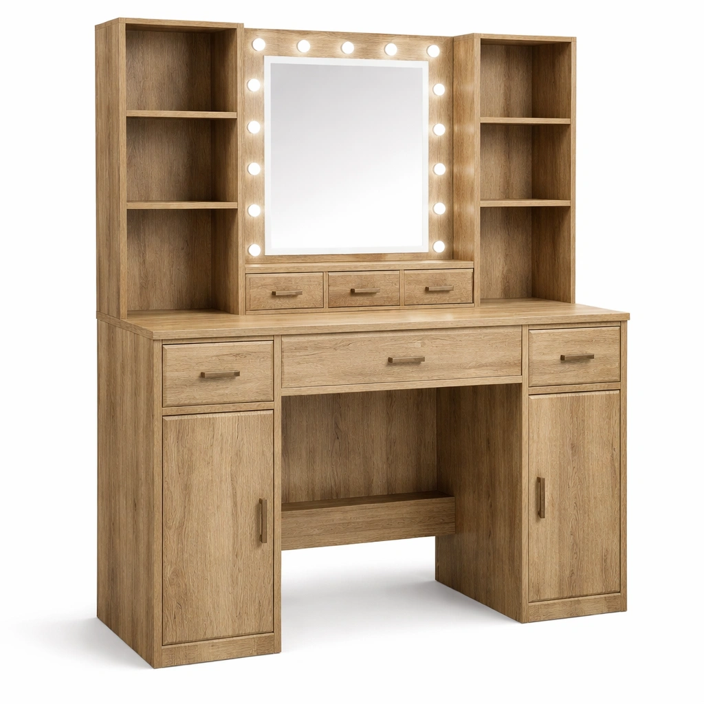 Tocador de madera con espejo LED y almacenamiento-Furniloungez