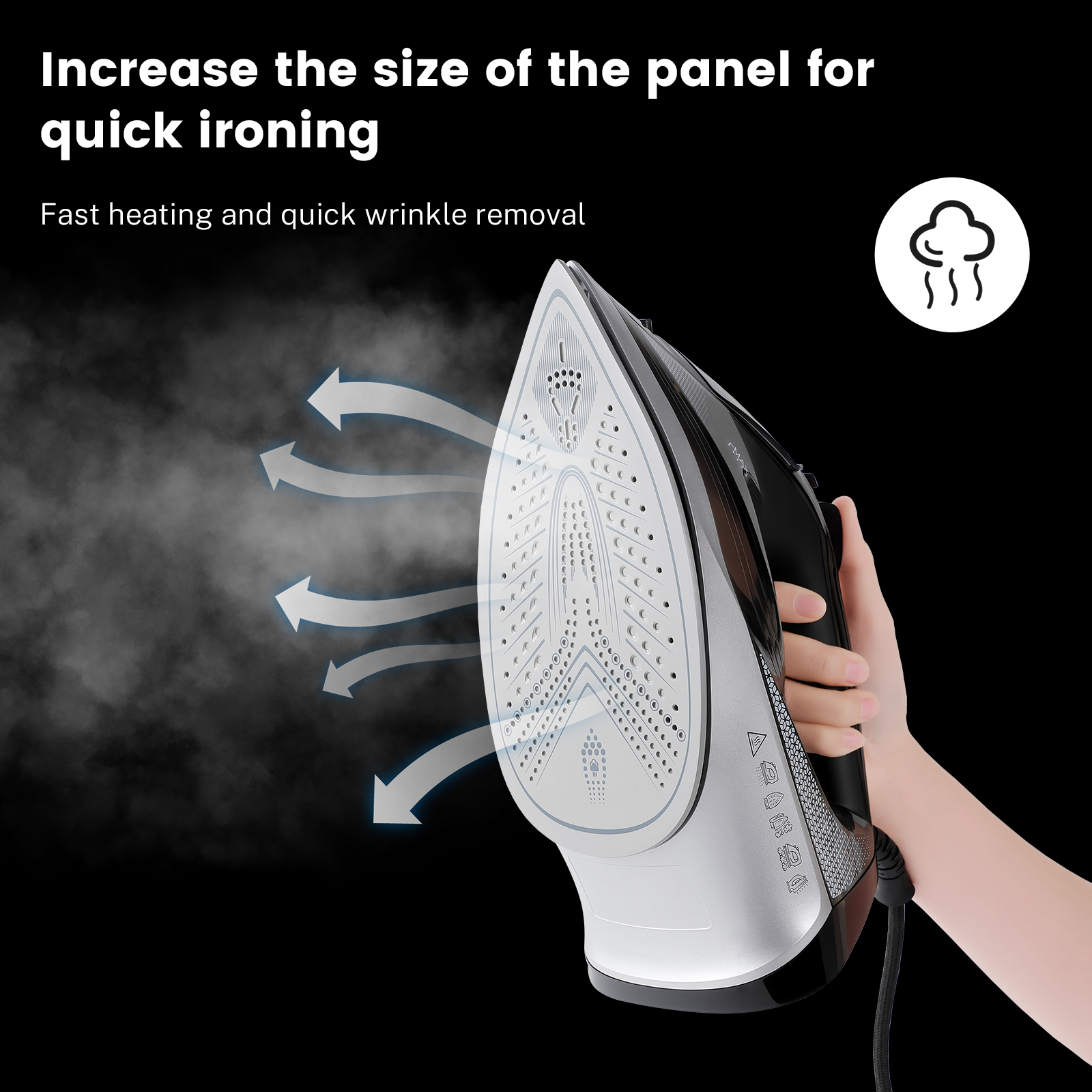Vapren V4 Max steam iron: 2400W, ceramic soleplate, 350ml tank. 5-level temp, anti-drip, dry & wet use. Wrinkle-free in seconds