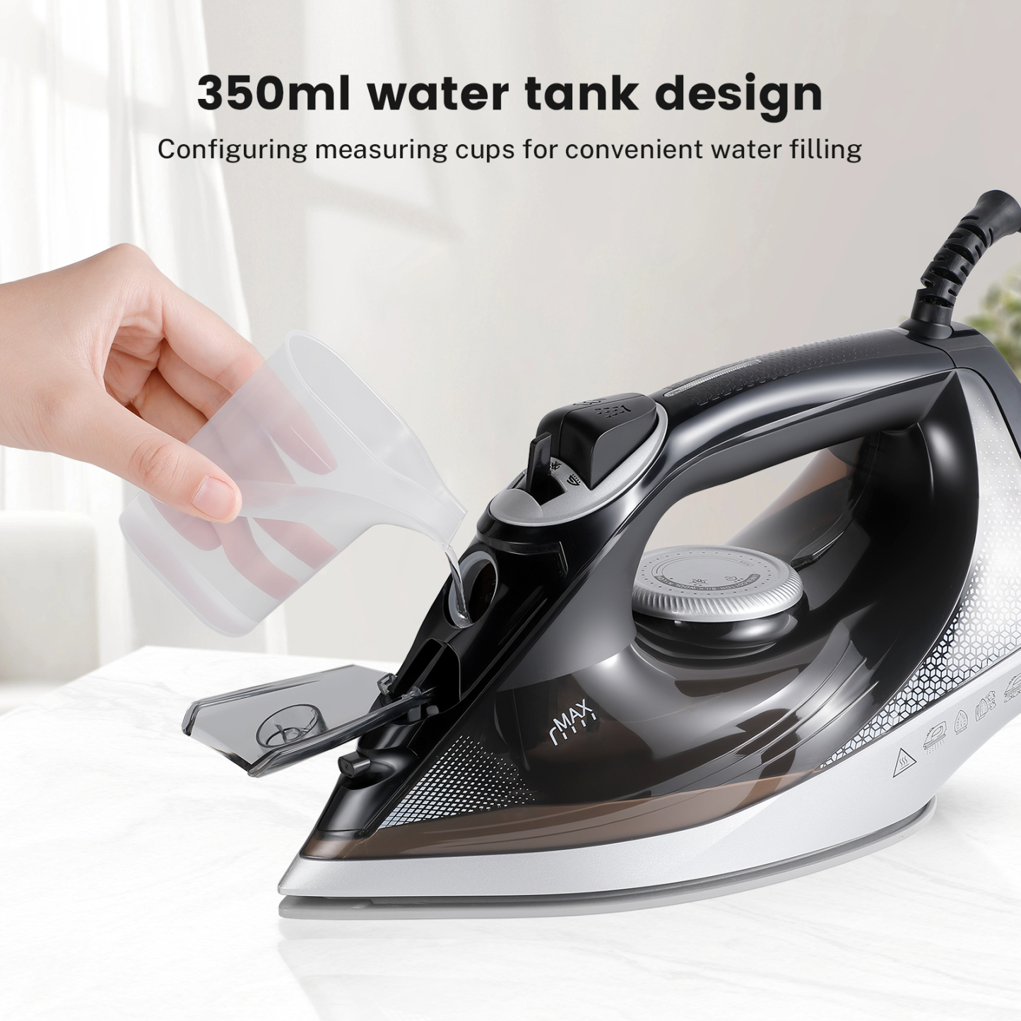Vapren V4 Max steam iron: 2400W, ceramic soleplate, 350ml tank. 5-level temp, anti-drip, dry & wet use. Wrinkle-free in seconds