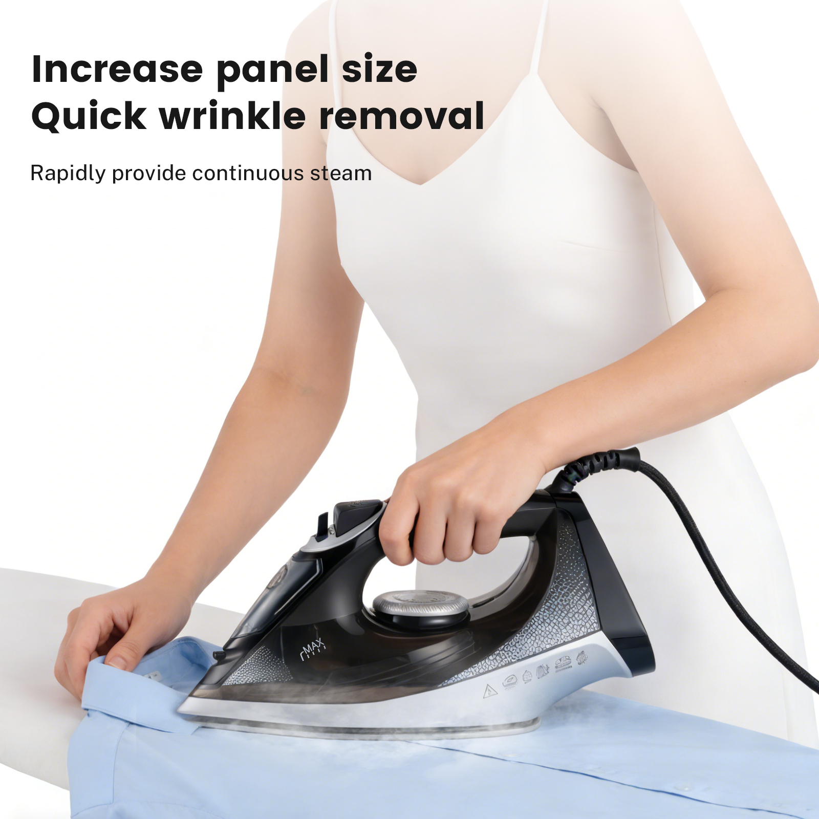 Vapren V4 Max steam iron: 2400W, ceramic soleplate, 350ml tank. 5-level temp, anti-drip, dry & wet use. Wrinkle-free in seconds