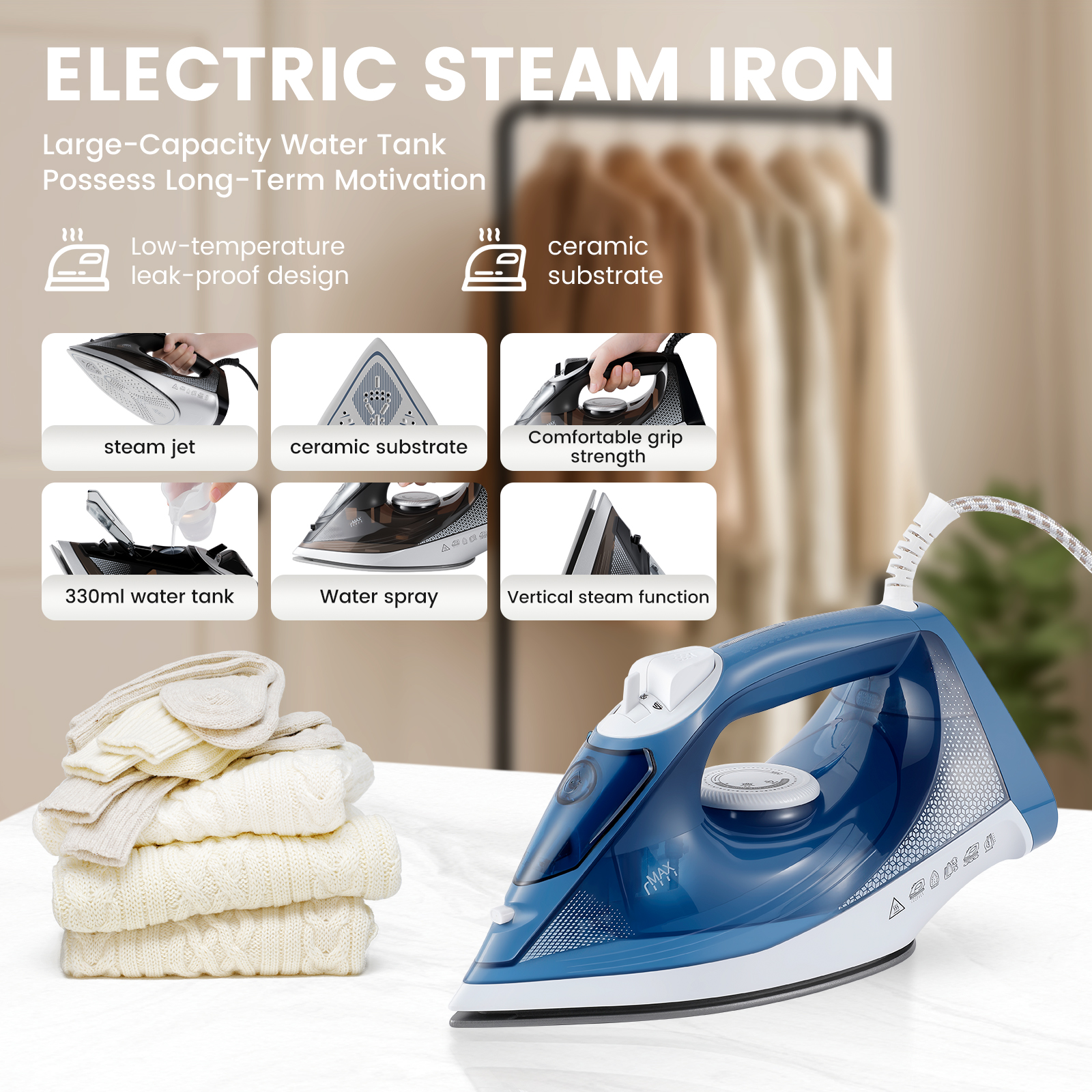 Vapren V4 Max steam iron: 2400W, ceramic soleplate, 350ml tank. 5-level temp, anti-drip, dry & wet use. Wrinkle-free in seconds