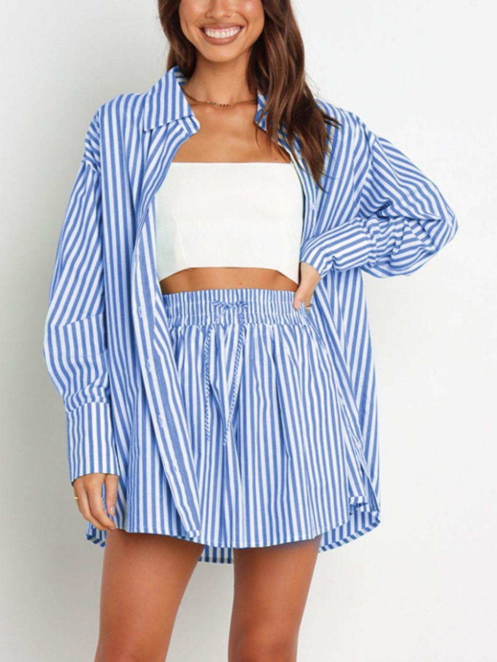 HOT SALE Striped Dropped Shoulder Shirt and Shorts Set