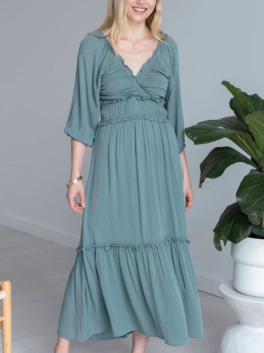 V-neck Smocked Ruffled Tiered Dress