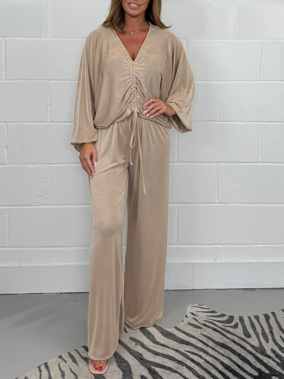 Ruched Drawsting Top & Wide Leg Pants Lounge Set