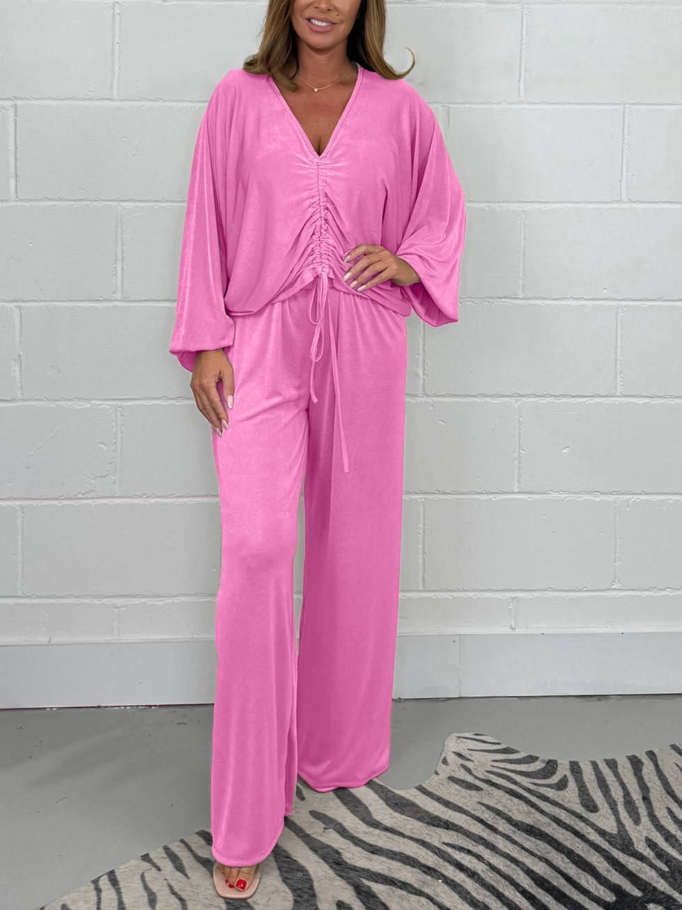 Ruched Drawsting Top & Wide Leg Pants Lounge Set