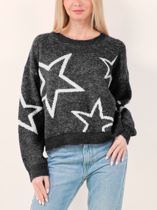 Star Pattern Contrast Long Sleeve Pullover Sweater