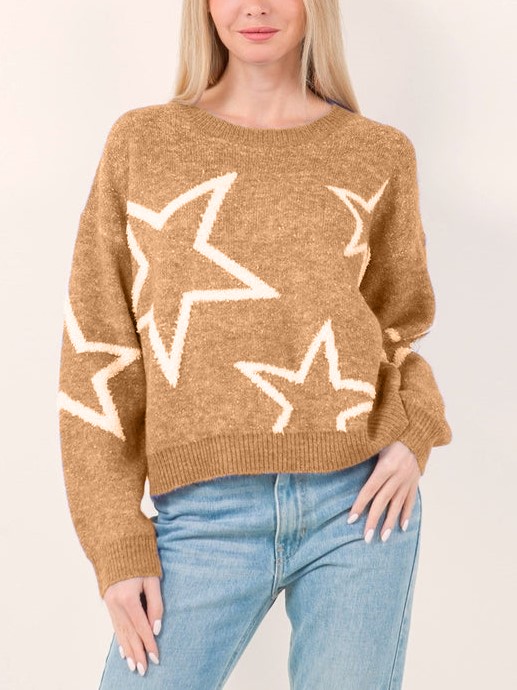Star Pattern Contrast Long Sleeve Pullover Sweater