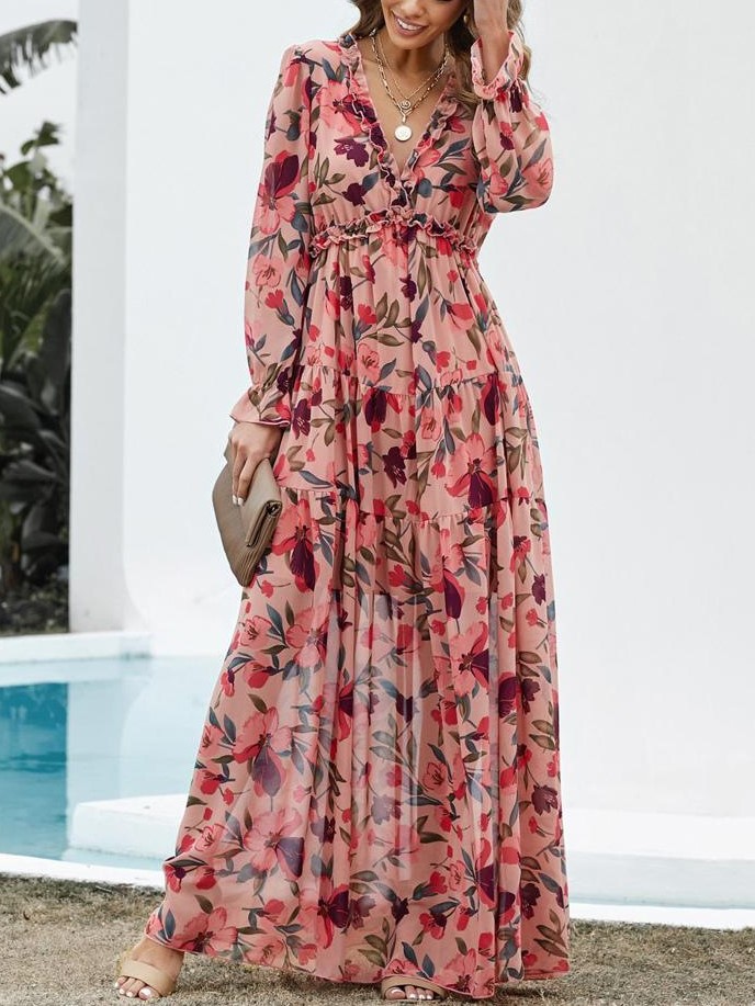 Women's Casual Boho Floral Printed V Neck Long Sleeve Dress