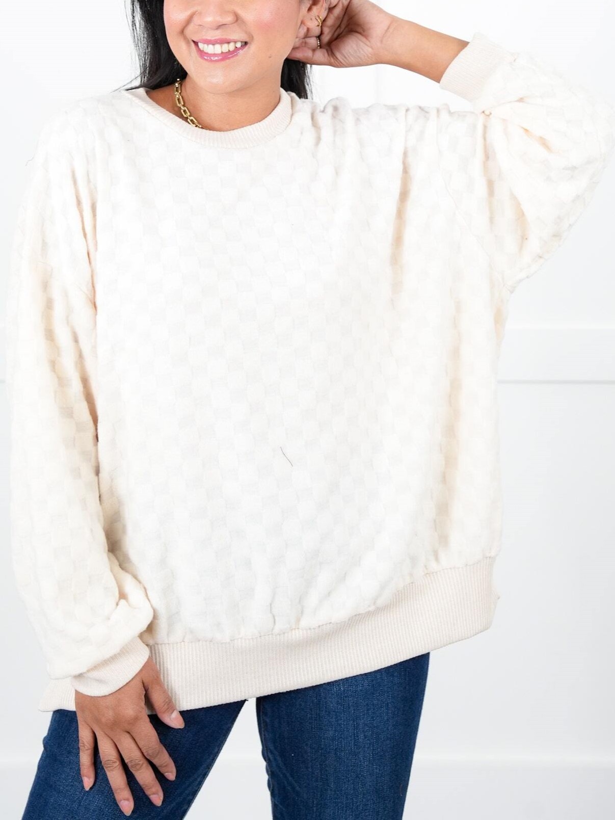 Oversized Textured Round Neck Dolman Sleeve Side Slits Top
