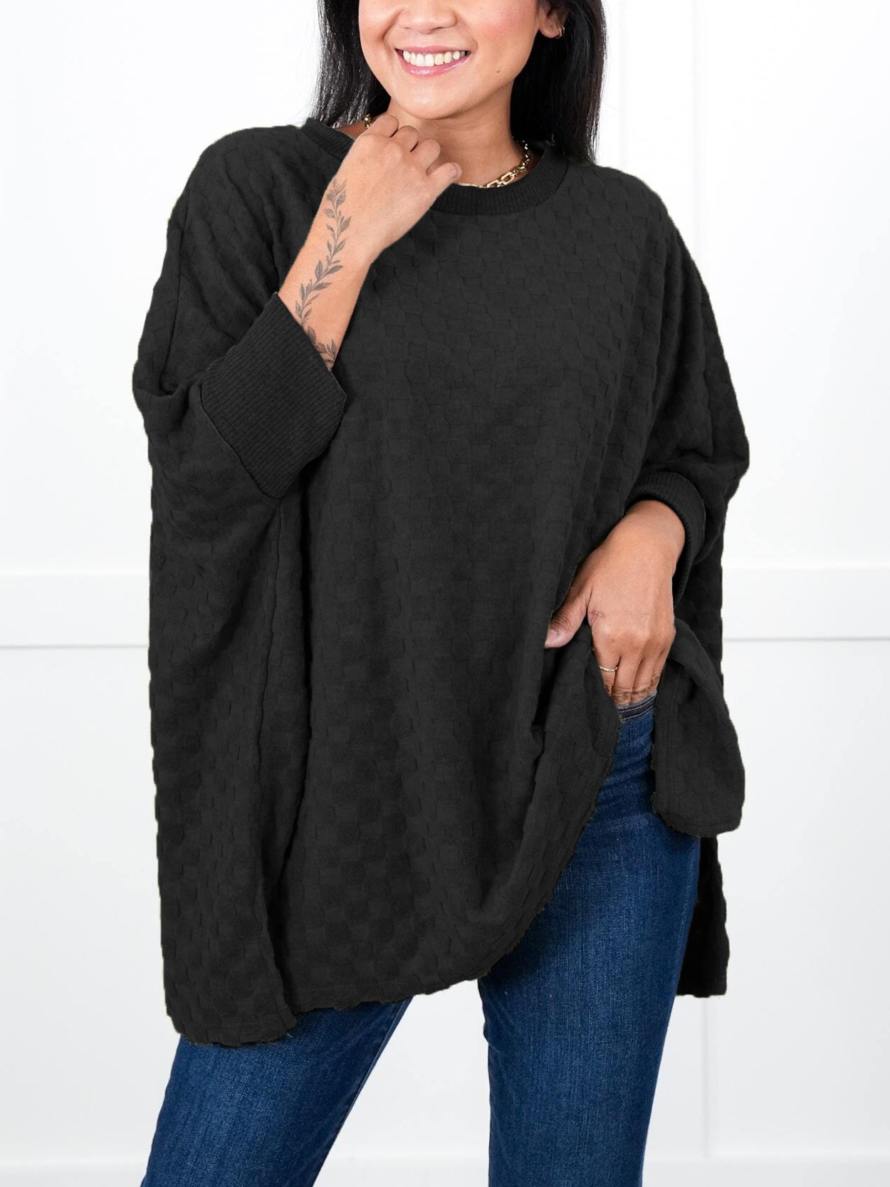 Oversized Textured Round Neck Dolman Sleeve Side Slits Top