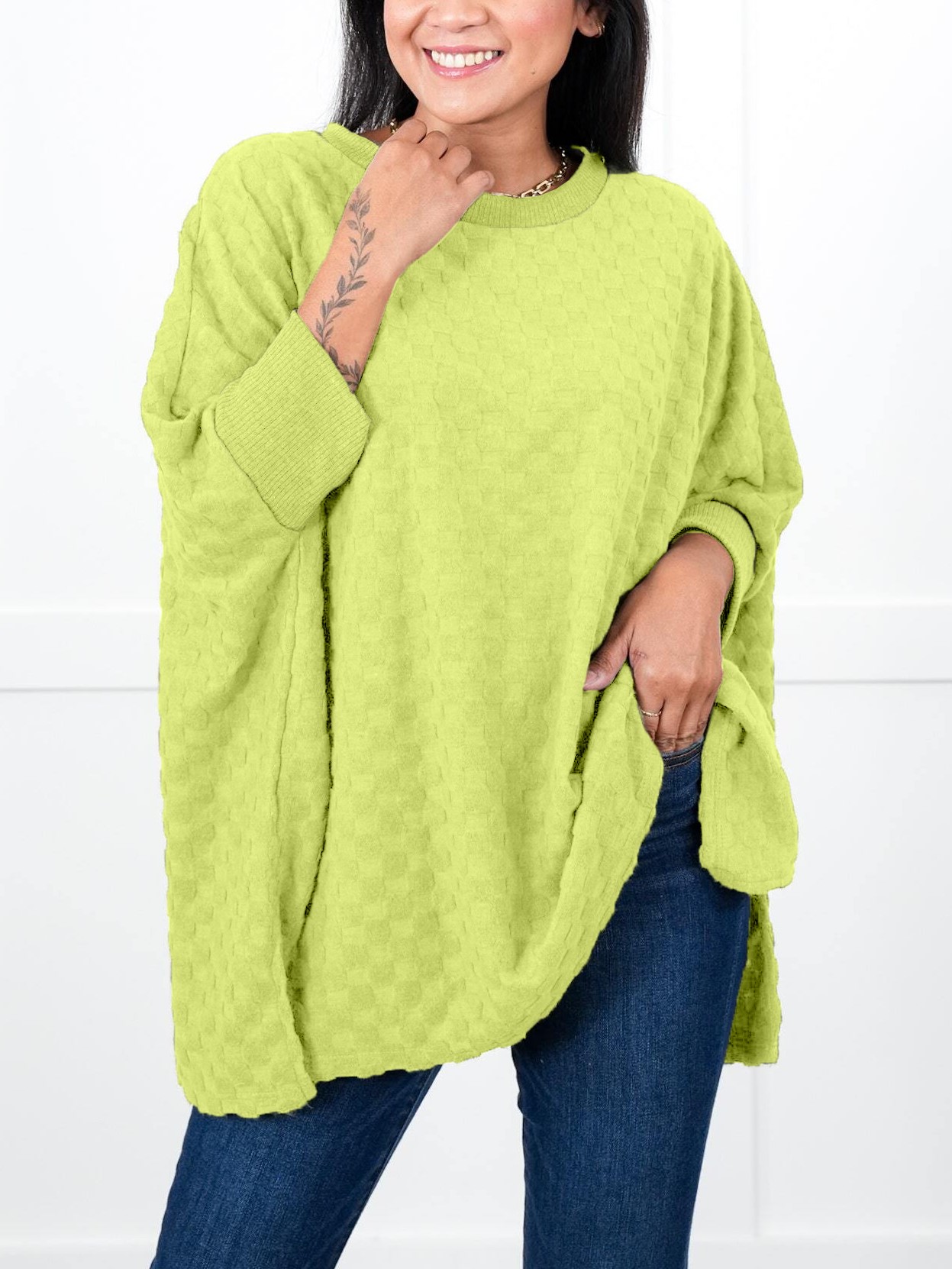 Oversized Textured Round Neck Dolman Sleeve Side Slits Top