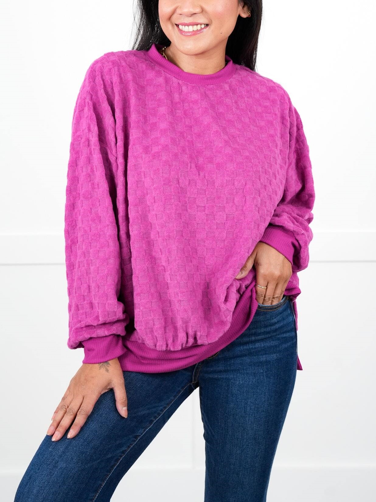 Oversized Textured Round Neck Dolman Sleeve Side Slits Top