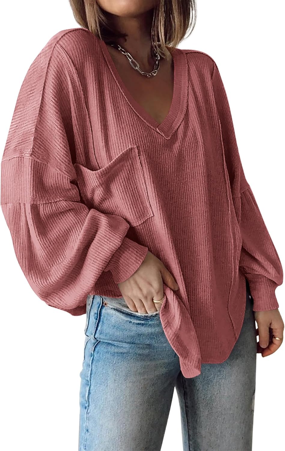 Women's Casual V Neck Loose Lantern Long Sleeve Pullover Tops