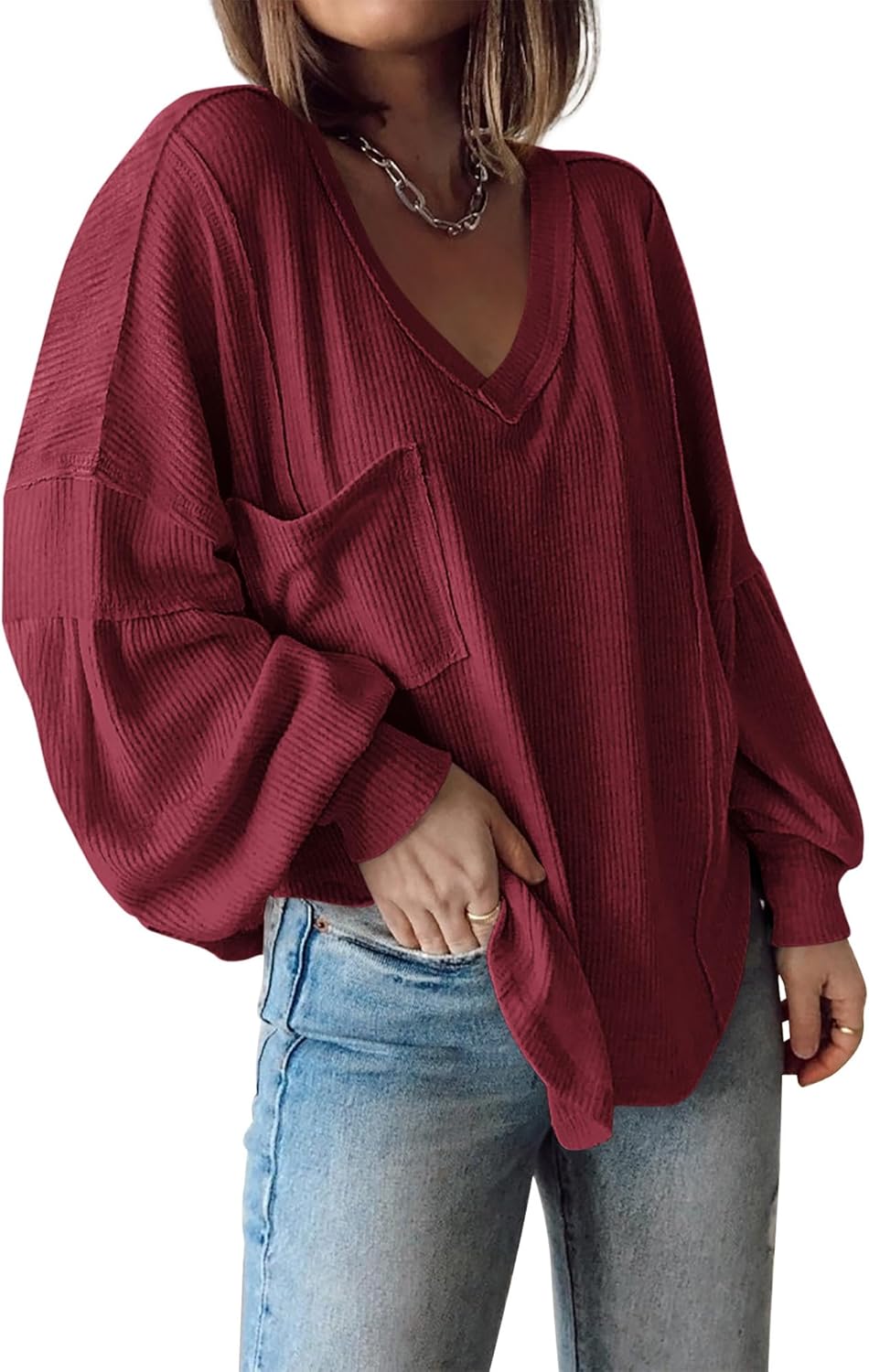 Women's Casual V Neck Loose Lantern Long Sleeve Pullover Tops