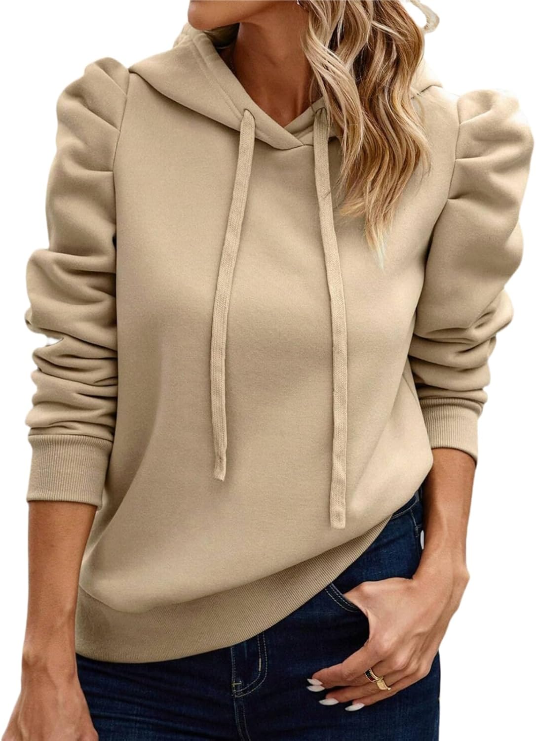 Women's Puff Sleeve Drawstring Casual Hoodie