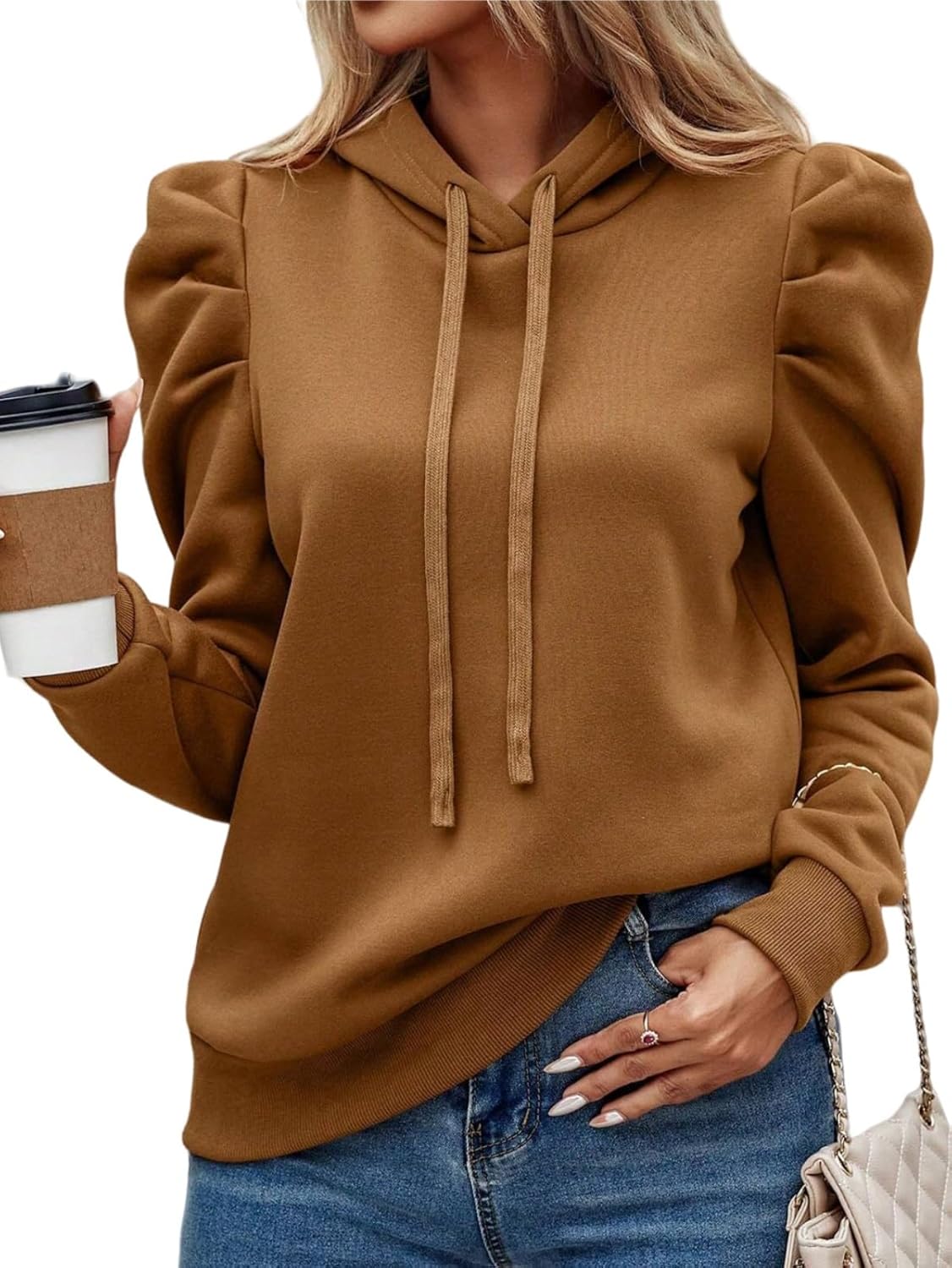 Women's Puff Sleeve Drawstring Casual Hoodie