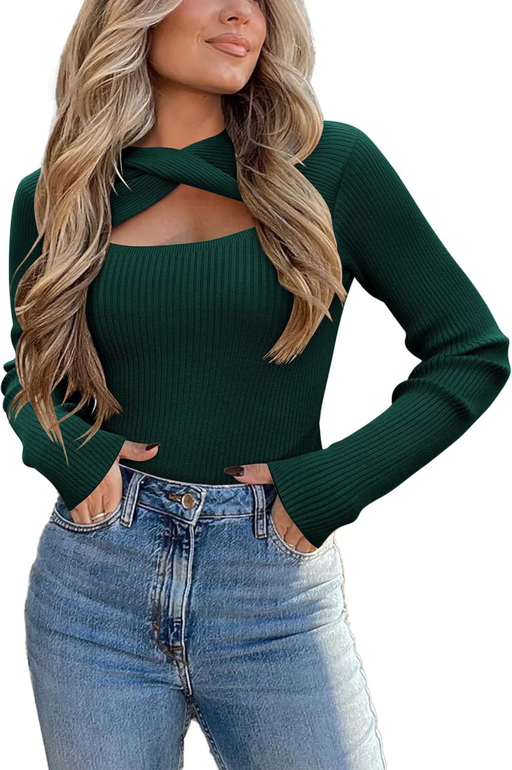 Women's Trendy Long Sleeve Hollow Out Fitted Knitted Pullover Sweaters
