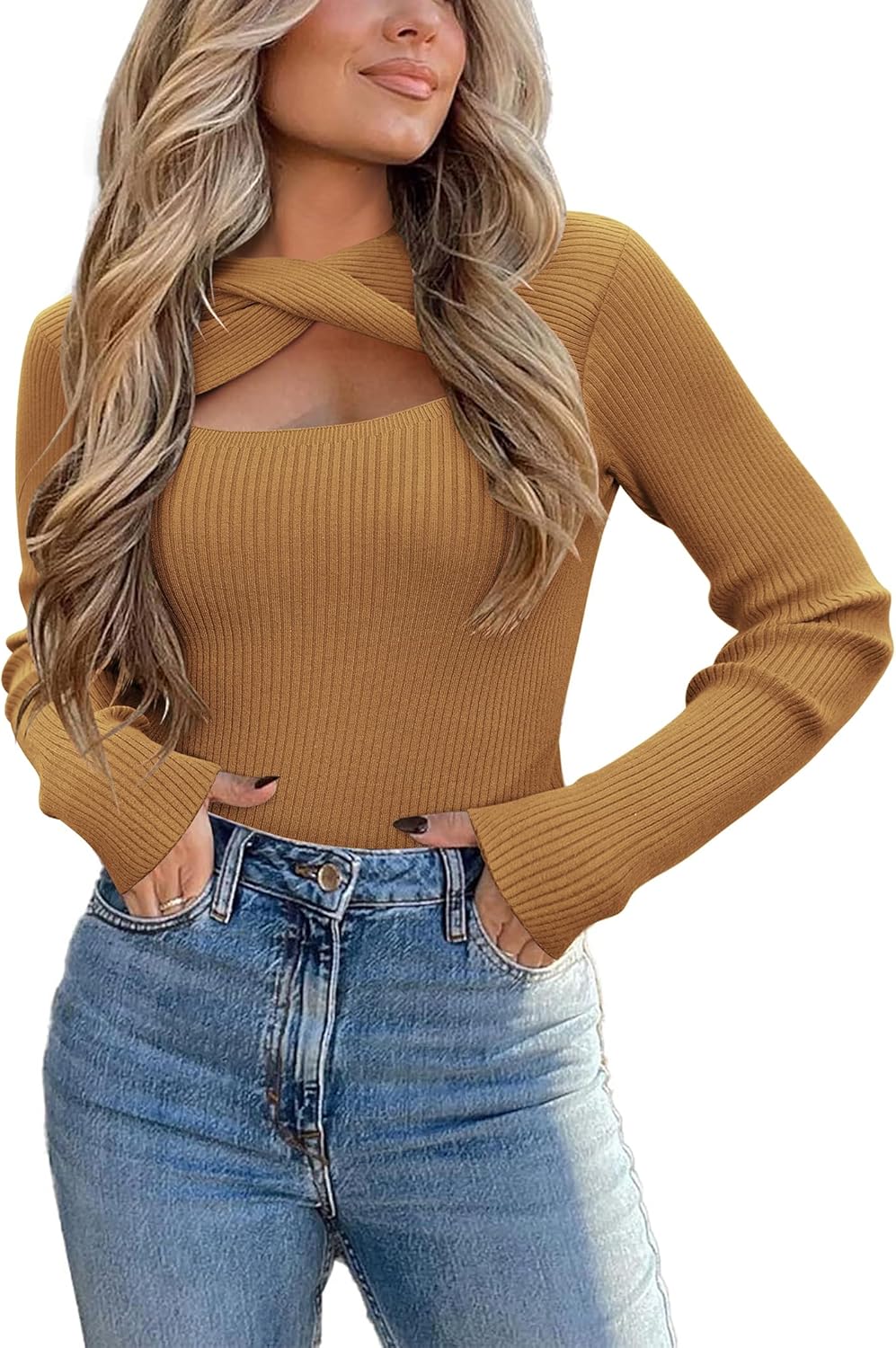 Women's Trendy Long Sleeve Hollow Out Fitted Knitted Pullover Sweaters