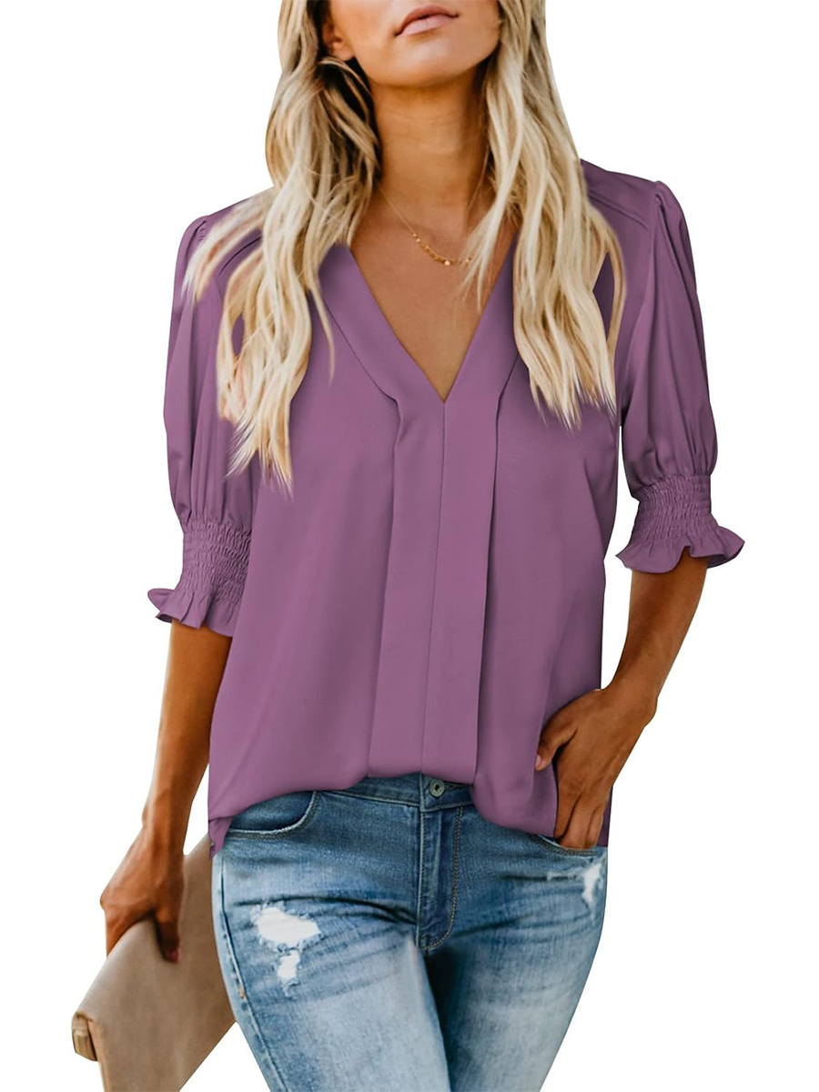 Women's Dressy Casual V Neck  Puff Ruffle Short Sleeve Shirt Tops