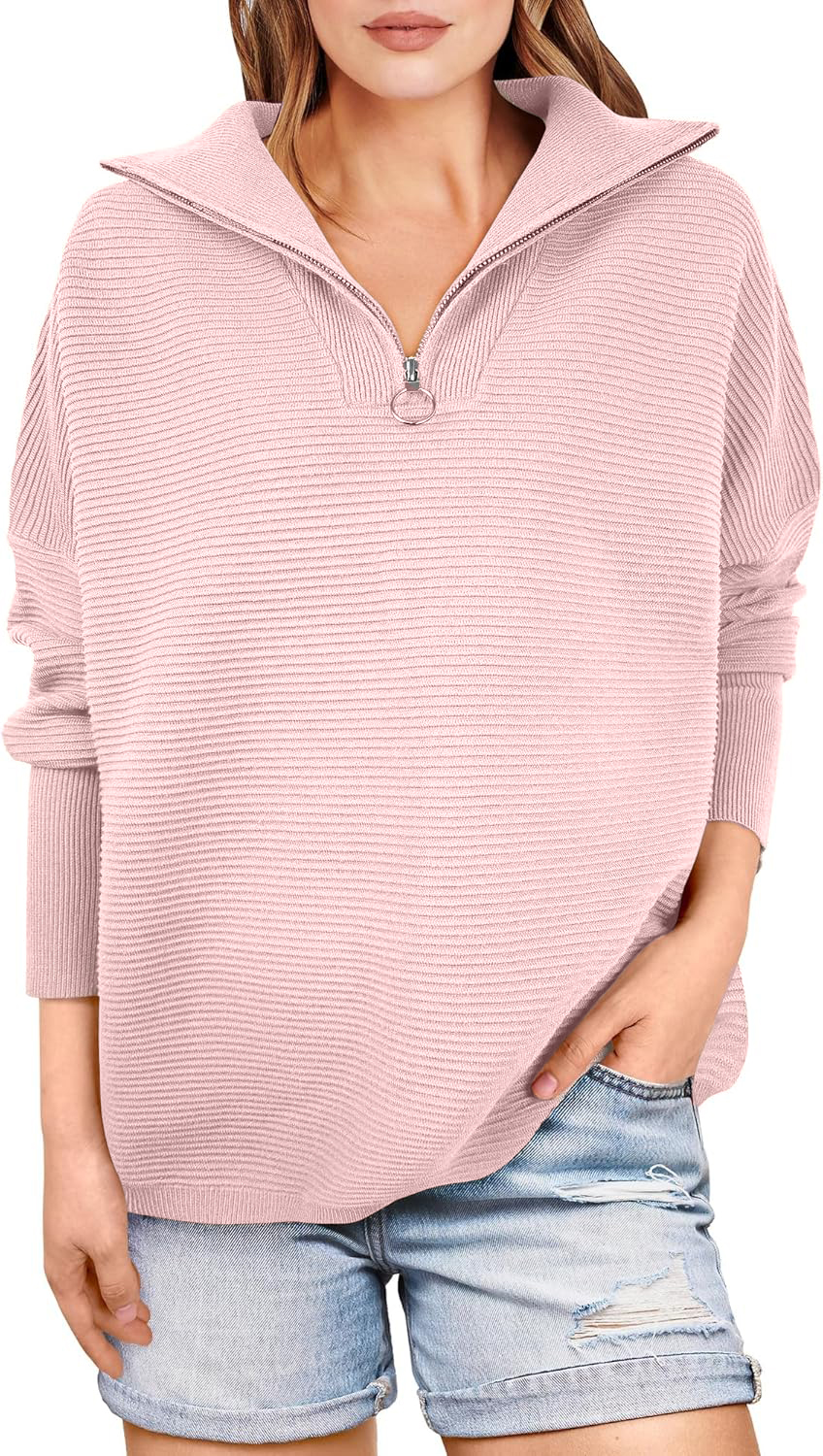 Women Quarter Zip Oversized Casual Loose Rib Knit Cozy Pullover Sweates Top