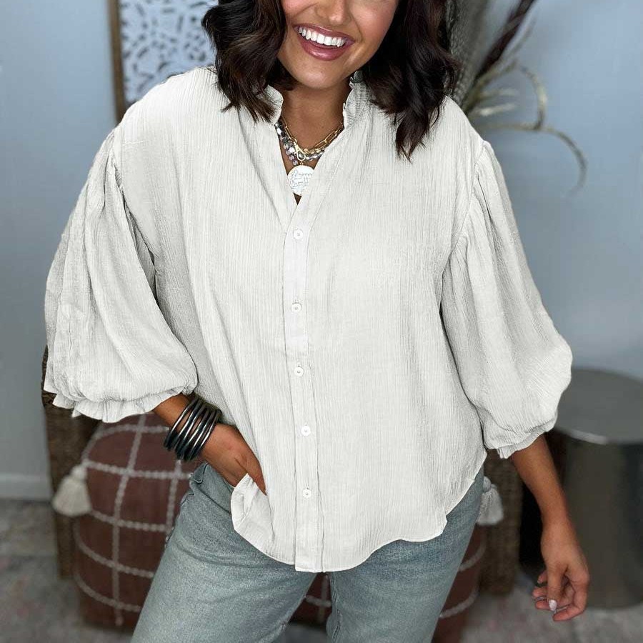 Puff Sleeve Woven Button Down Shirt