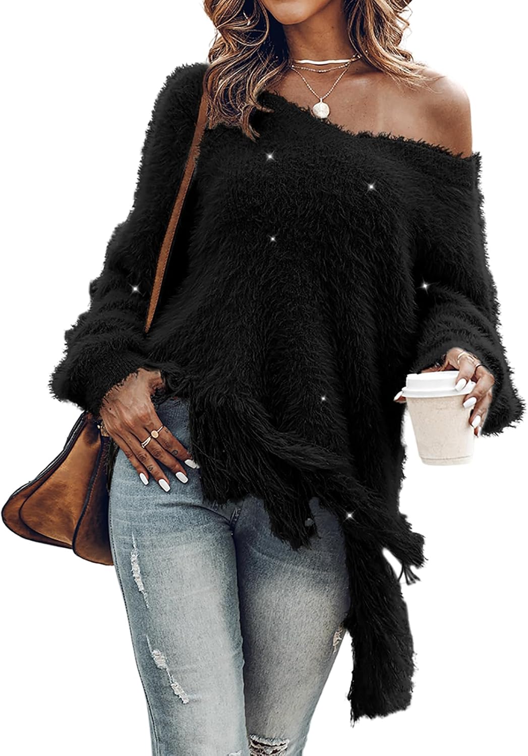 Women's Fluffy Cozy Oversized V-Neck Fringe Sweater