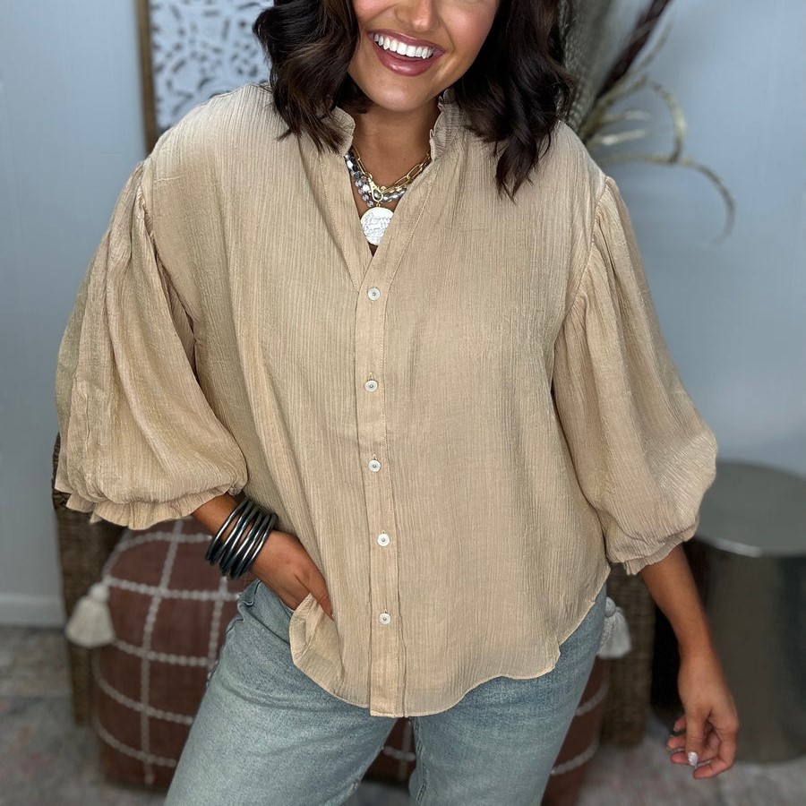 Puff Sleeve Woven Button Down Shirt