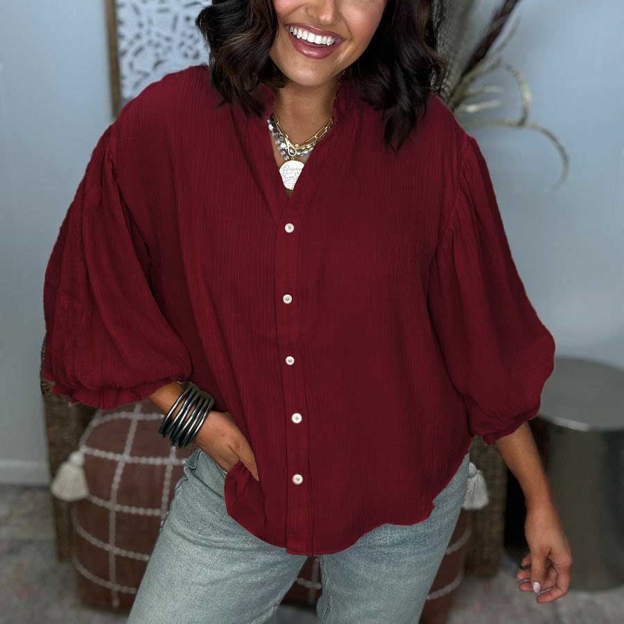 Puff Sleeve Woven Button Down Shirt