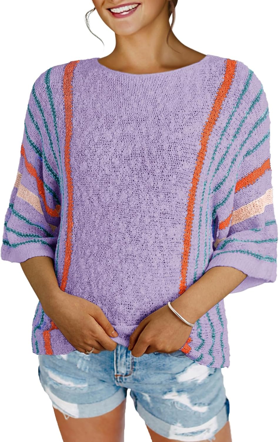 Women's Casual Color Block Striped Cable Knit Boho Sweater